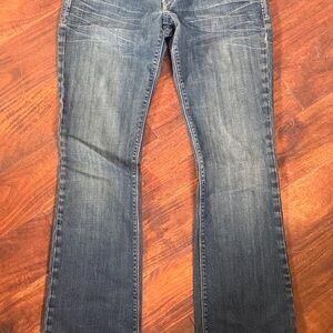 Express Women's Boot Cut Jeans in Distressed Dark Blue